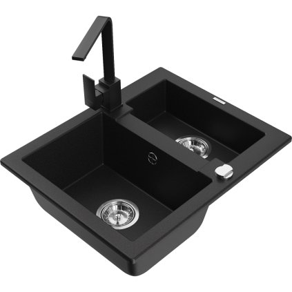 Mexen Carlos, 1,5-komorový granitový drez s odkvapkávačom 582x475x177 mm a čierna kuchynská batéria Rita, čierna, 6518-77-670300-70
