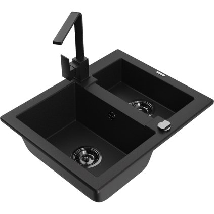 Mexen Carlos, 1,5-komorový granitový drez s odkvapkávačom 582x475x177 mm a čierna kuchynská batéria Rita, čierna, 6518-77-670300-70-B