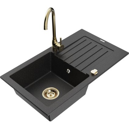 Mexen Pablo, granitový drez 752x436x161 mm, 1-komorový a zlatá batéria Telma, čierna-strieborná metalíza, 6510-73-670200-50