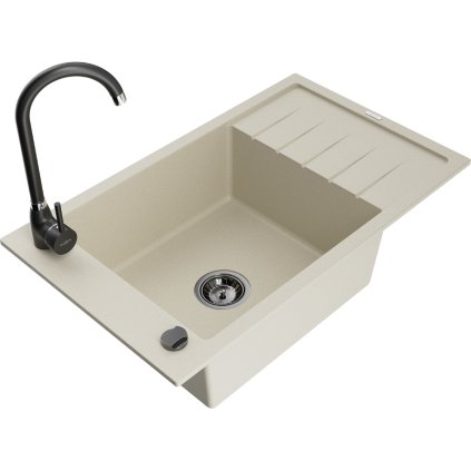 Mexen Elias, 1-komorový granitový drez s odkvapkávačom 795x480x200 mm a čierna matná kuchynská batéria Telma, béžová, 6511-69-670200-70