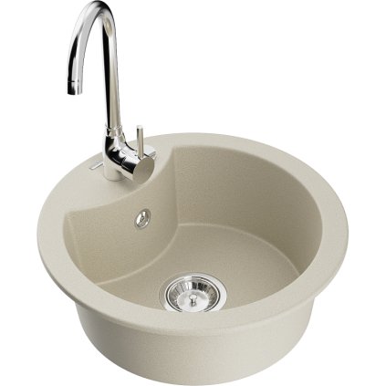 Mexen Diego, 1-komorový granitový drez 488x488x167 mm, chrómový sifón, chrómová batéria Telma, béžová, 6512-69-670200-00