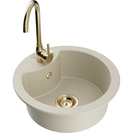 Mexen Diego, 1-komorový granitový drez 488x488x167 mm, zlatý sifón, zlatá lesklá batéria Telma, béžová, 6512-69-670200-50