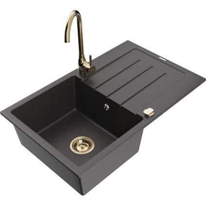 Mexen Bruno, 1-komorový granitový drez s odkvapkávačom 795x495x200 mm a zlatá kuchynská batéria Telma, čierna škvrnitá, 6513-76-670200-50