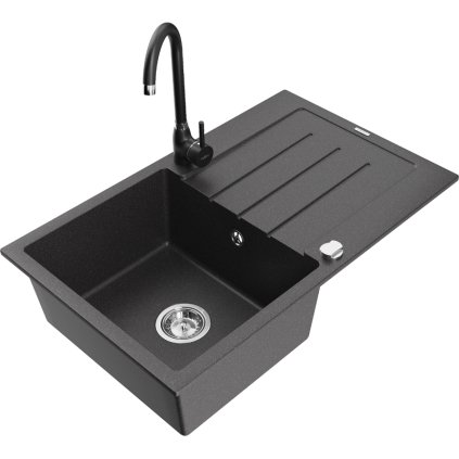 Mexen Bruno, 1-komorový granitový drez s odkvapkávačom 795x495x200 mm a čierna kuchynská batéria Telma, čierna škvrnitá, 6513-76-670200-70