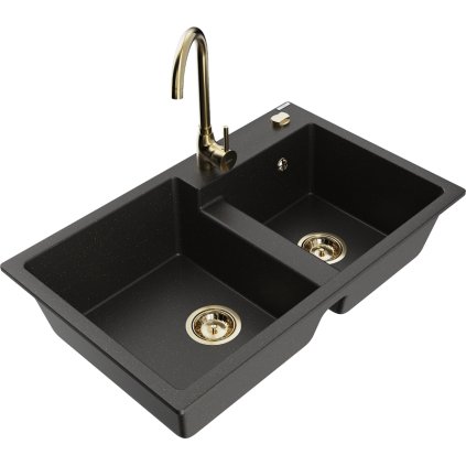Mexen Tomas, granitový drez 800x500x190 mm, 2-komorový a zlatá batéria Telma, čierna-zlatá metalíza, 6516-75-670200-50