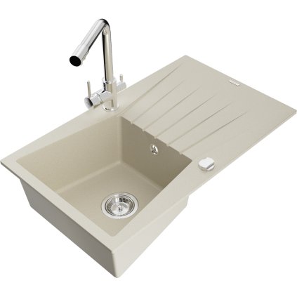 Mexen Cesar, granitový drez 775x470x190 mm, 1-komorový a chrómová batéria Duero, béžová, 6514-69-671600-00