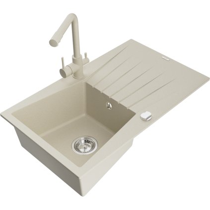 Mexen Cesar, granitový drez 775x470x190 mm, 1-komorový a béžová batéria Duero, béžová, 6514-69-671600-69