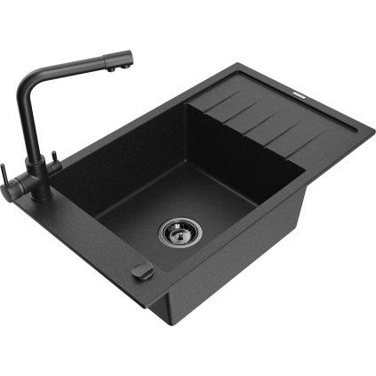Mexen Elias, 1-komorový granitový drez s odkvapkávačom 795x480x200 mm a čierna batéria Duero, čierna - strieborná metalíza, 6511-73-671600-70-B