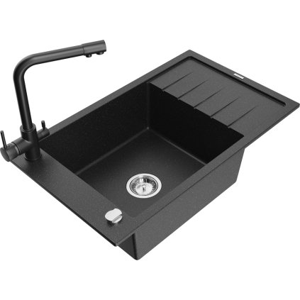 Mexen Elias, 1-komorový granitový drez s odkvapkávačom 795x480x200 mm a čierna batéria Duero, čierna - strieborná metalíza, 6511-73-671600-70