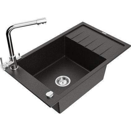 Mexen Elias, 1-komorový granitový drez s odkvapkávačom 795x480x200 mm a chrómová batéria Duero, čierna - zlatá metalíza, 6511-75-671600-00