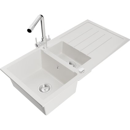 Mexen Andres, granitový drez 1000x500x200 mm, 1,5-komorový + chrómová batéria Duero, biela, 6515-20-671600-00