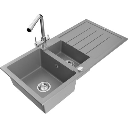 Mexen Andres, granitový drez 1000x500x200 mm, 1,5-komorový + chrómová batéria Duero, šedá, 6515-71-671600-00