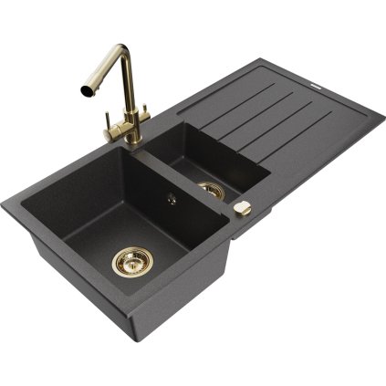 Mexen Andres, granitový drez 1000x500x200 mm, 1,5-komorový + zlatá batéria Duero, čierna škvrnitá, 6515-76-671600-50