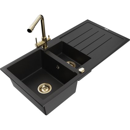 Mexen Andres, granitový drez 1000x500x200 mm, 1,5-komorový + zlatá batéria Duero, čierna, 6515-77-671600-50