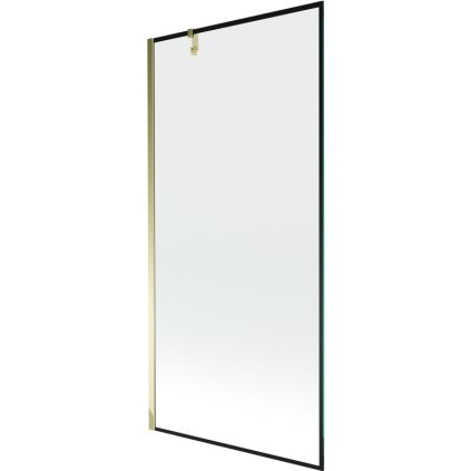 Mexen Next, vaňová zástena 1-krídlová 90 x 150 cm, fixné krídlo, 6 mm číre sklo s čiernym vzorom, zlatý profil, 895-090-000-00-70-50