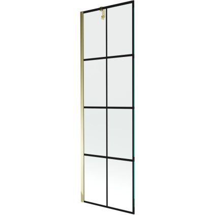 Mexen Next, vaňová zástena 1-krídlová 60 x 150 cm, fixné krídlo, 6 mm číre sklo s čiernym vzorom, zlatý profil, 895-060-000-00-77-50