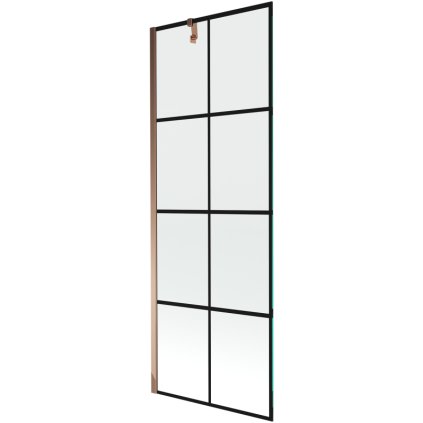 Mexen Next, vaňová zástena 1-krídlová 70 x 150 cm, fixné krídlo, 6 mm číre sklo s čiernym vzorom, ružové zlato profil, 895-070-000-00-77-60