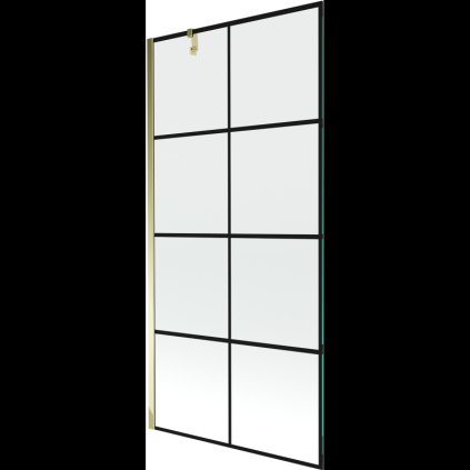 Mexen Next, vaňová zástena 1-krídlová 90 x 150 cm, fixné krídlo, 6 mm číre sklo s čiernym vzorom, zlatý profil, 895-090-000-00-77-50