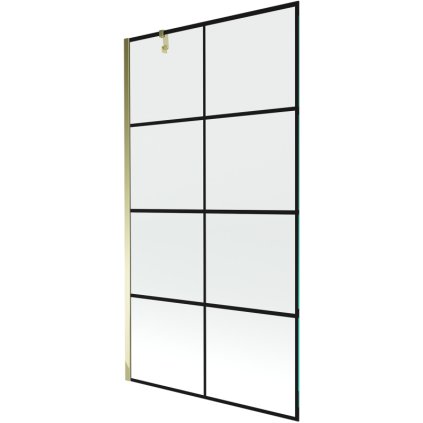 Mexen Next, vaňová zástena 1-krídlová 100 x 150 cm, fixné krídlo, 6 mm číre sklo s čiernym vzorom, zlatý profil, 895-100-000-00-77-50