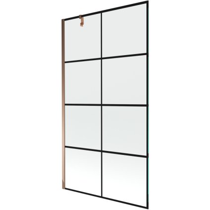 Mexen Next, vaňová zástena 1-krídlová 100 x 150 cm, fixné krídlo, 6 mm číre sklo s čiernym vzorom, ružové zlato profil, 895-100-000-00-77-60