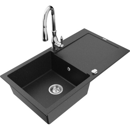 Mexen Leo, 1-komorový granitový drez 900x500x190 mm a drezová batéria Savita, čierna-strieborná metalíza, 6501-73-672601-00