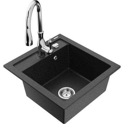 Mexen Vito, 1-komorový granitový drez 520x490x210 mm a drezová batéria Savita, čierna-strieborná metalíza, 6503-73-672601-00