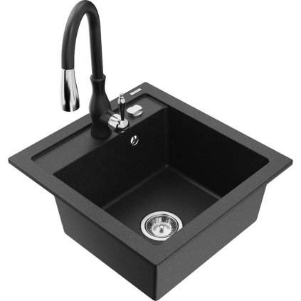 Mexen Vito, 1-komorový granitový drez 520x490x210 mm a drezová batéria Savita, čierna-strieborná metalíza, 6503-73-672601-70