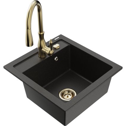 Mexen Vito, 1-komorový granitový drez 520x490x210 mm a drezová batéria Savita, čierna-zlatá metalíza, 6503-75-672601-50