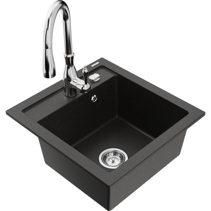 Mexen Vito, 1-komorový granitový drez 520x490x210 mm a drezová batéria Savita, čierna-zlatá metalíza, 6503-75-672601-00