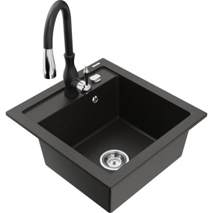 Mexen Vito, 1-komorový granitový drez 520x490x210 mm a drezová batéria Savita, čierna-zlatá metalíza, 6503-75-672601-70