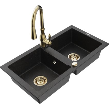 Mexen Mario, 2-komorový granitový drez 820x436x161 mm a drezová batéria Savita, čierna-strieborná metalíza, 6504-73-672601-50