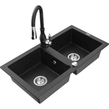Mexen Mario, 2-komorový granitový drez 820x436x161 mm a drezová batéria Savita, čierna-strieborná metalíza, 6504-73-672601-70