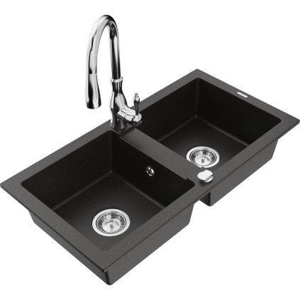 Mexen Mario, 2-komorový granitový drez 820x436x161 mm a drezová batéria Savita, čierna-zlatá metalíza, 6504-75-672601-00