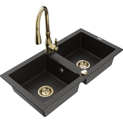 Mexen Mario, 2-komorový granitový drez 820x436x161 mm a drezová batéria Savita, čierna-zlatá metalíza, 6504-75-672601-50