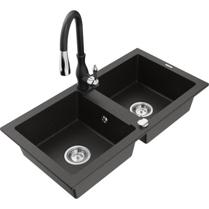 Mexen Mario, 2-komorový granitový drez 820x436x161 mm a drezová batéria Savita, čierna-zlatá metalíza, 6504-75-672601-70