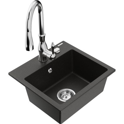 Mexen Milo, 1-komorový granitový drez 435x410x171 mm a drezová batéria Savita, čierna-zlatá metalíza, 6505-75-672601-00