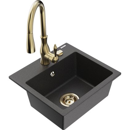 Mexen Milo, 1-komorový granitový drez 435x410x171 mm a drezová batéria Savita, čierna škvrtnitá, 6505-76-672601-50