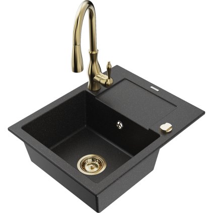 Mexen Enzo, 1-komorový granitový drez 576x465x174 mm a drezová batéria Savita, čierna-strieborná metalíza, 6506-73-672601-50