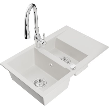 Mexen Gaspar, 1,5-komorový granitový drez 737x475x177 mm a drezová batéria Savita, biela, 6507-20-672601-00