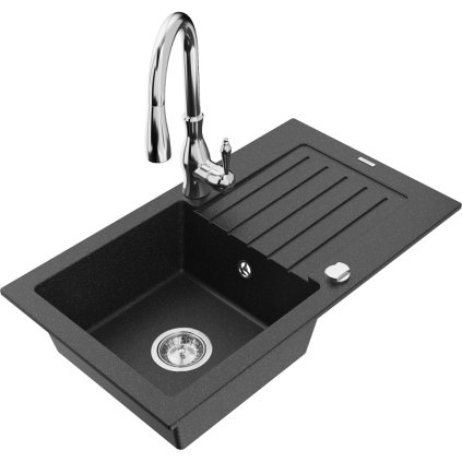 Mexen Pablo, granitový drez 752x436x161 mm, 1-komorový a drezová batéria Savita, čierna-strieborná metalíza, 6510-73-672601-00