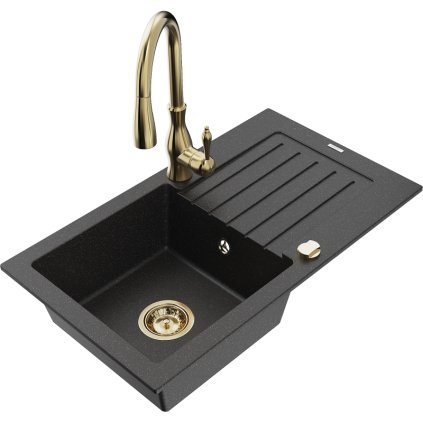 Mexen Pablo, granitový drez 752x436x161 mm, 1-komorový a drezová batéria Savita, čierna-strieborná metalíza, 6510-73-672601-50