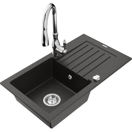 Mexen Pablo, granitový drez 752x436x161 mm, 1-komorový a drezová batéria Savita, čierna-zlatá metalíza, 6510-75-672601-00