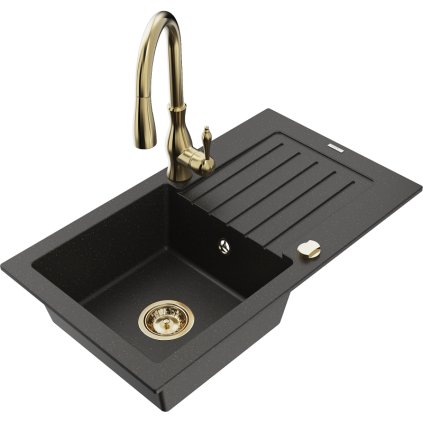 Mexen Pablo, granitový drez 752x436x161 mm, 1-komorový a drezová batéria Savita, čierna-zlatá metalíza, 6510-75-672601-50