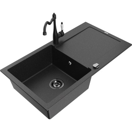 Mexen Leo, granitový drez 900x500x190 mm, 1-komorový a drezová batéria Carla, čierna-strieborná metalíza, 6501-73-670700-70-B