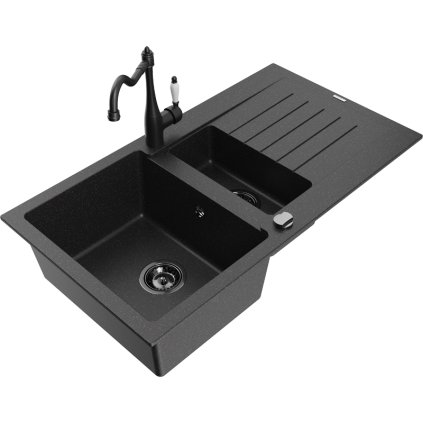 Mexen Matias, granitový drez 900x505x200 mm, 1,5-komorový a drezová batéria Carla, čierna-strieborná metalíza, 6502-73-670700-70-B