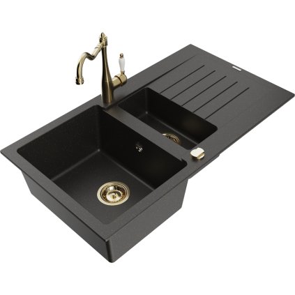 Mexen Matias, granitový drez 900x505x200 mm, 1,5-komorový a drezová batéria Carla, čierna-zlatá metalíza, 6502-75-670700-50