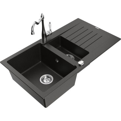 Mexen Matias, granitový drez 900x505x200 mm, 1,5-komorový a drezová batéria Carla, čierna-zlatá metalíza, 6502-75-670700-00