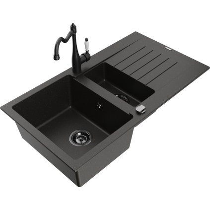 Mexen Matias, granitový drez 900x505x200 mm, 1,5-komorový a drezová batéria Carla, čierna-zlatá metalíza, 6502-75-670700-70-B