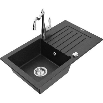 Mexen Pablo, granitový drez 752x436x161 mm, 1-komorový a drezová batéria Carla, čierna-strieborná metalíza, 6510-73-670700-00