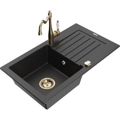 Mexen Pablo, granitový drez 752x436x161 mm, 1-komorový a drezová batéria Carla, čierna-strieborná metalíza, 6510-73-670700-50